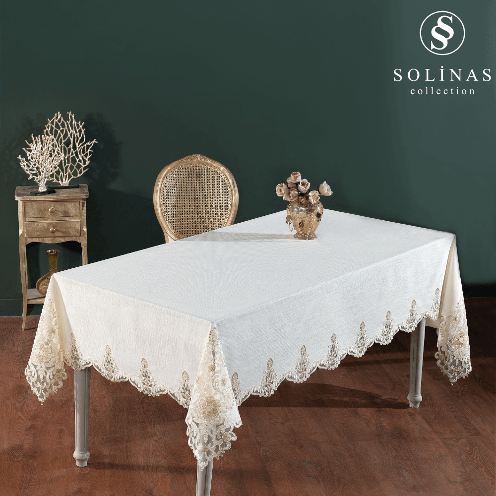 Solinas Collection Roma Krem Linen Kumaş Vizon Nakışlı Masa Örtüsü