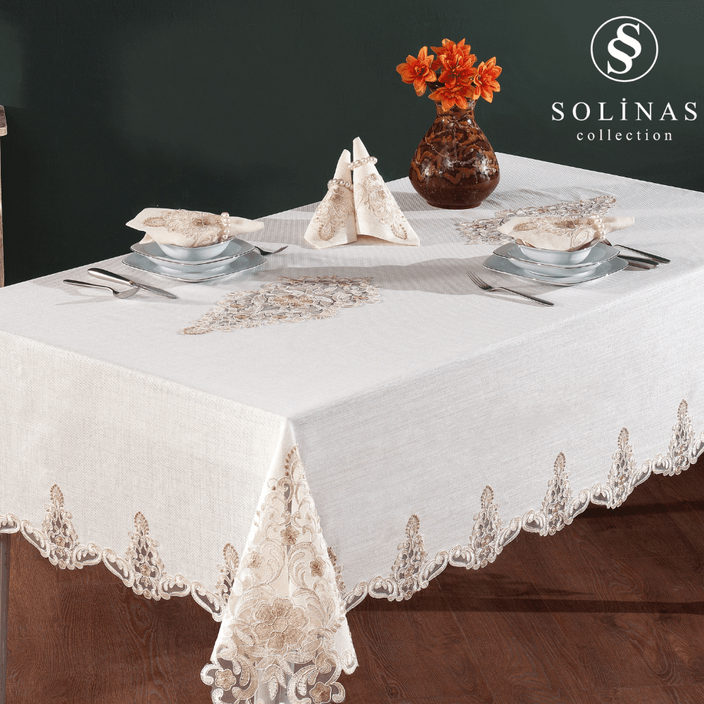 Solinas Collection Venora Krem Linen Kumaş Vizon Nakışlı 25 Parça Masa Örtüsü Seti