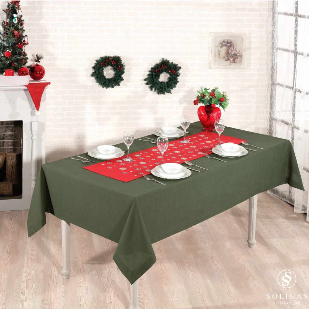 Solinas Collection Mila Gardenya Kumaş 2 Parça Yeşil Masa Örtüsü ve Nakışlı Runner