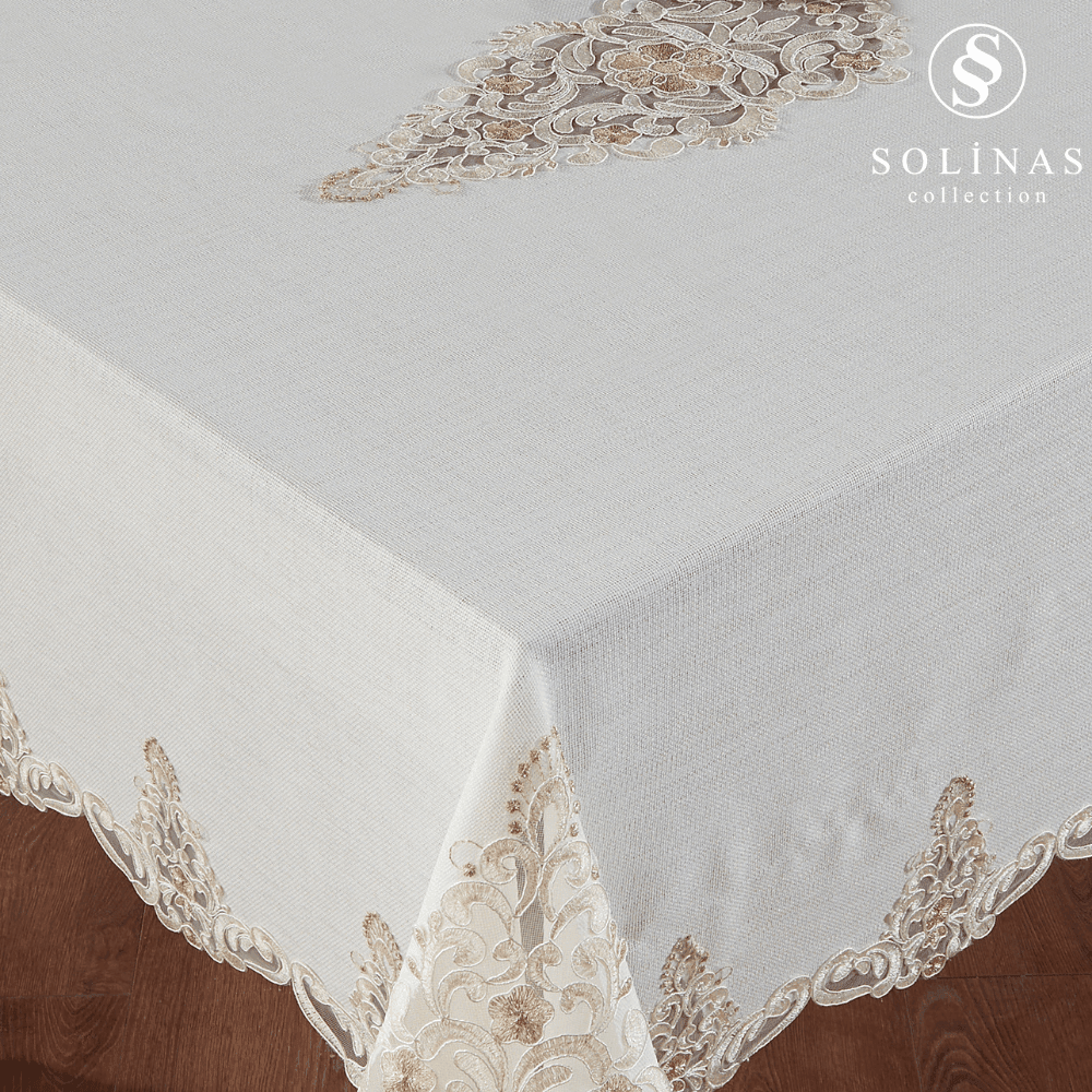 Solinas Collection Venora Krem Linen Kumaş Vizon Nakışlı Masa Örtüsü