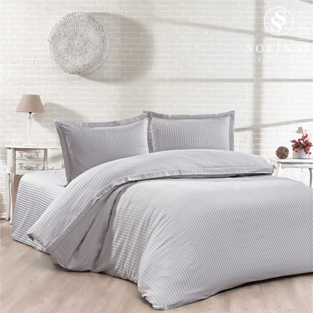 Solinas Collection Grisella Çizgili Gri %100 Pamuk Saten Çift Kişilik Nevresim Takımı
