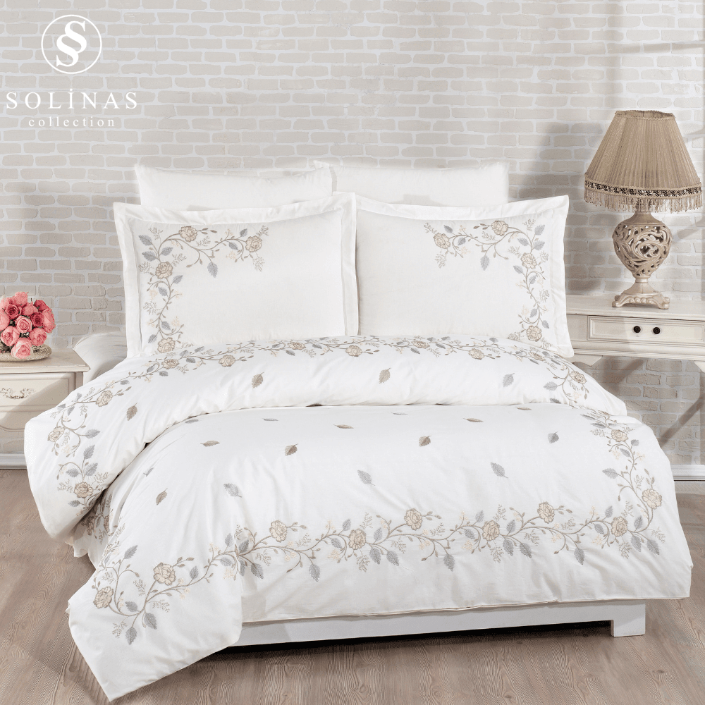 Solinas Collection Arya Krem Kumaş Vizon-Gri Nakışlı %100 Pamuk Çift Kişilik Nevresim Takımı