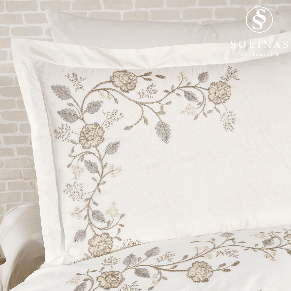 Solinas Collection Arya Krem Kumaş Vizon-Gri Nakışlı %100 Pamuk Çift Kişilik Nevresim Takımı
