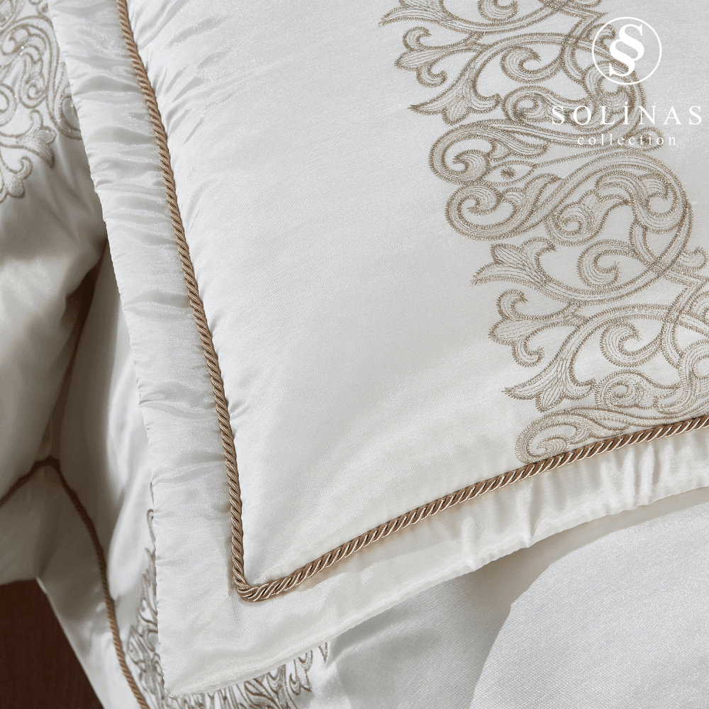 Solinas Collection Eleganza Saten Nakışlı Krem - Vizon Çift Kişilik Çeyizlik Yatak Örtüsü