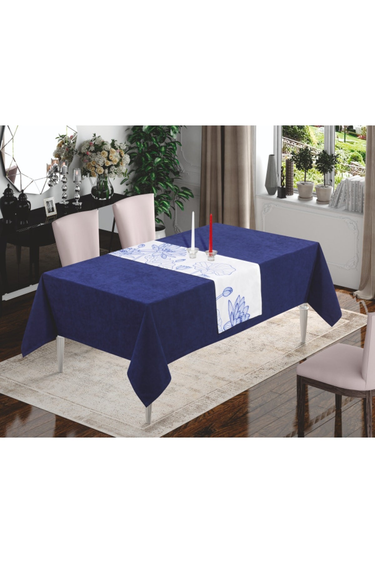 Digital Printed Jasmine Turquoise Runner And Honeycomb Navy Blue Tablecloth