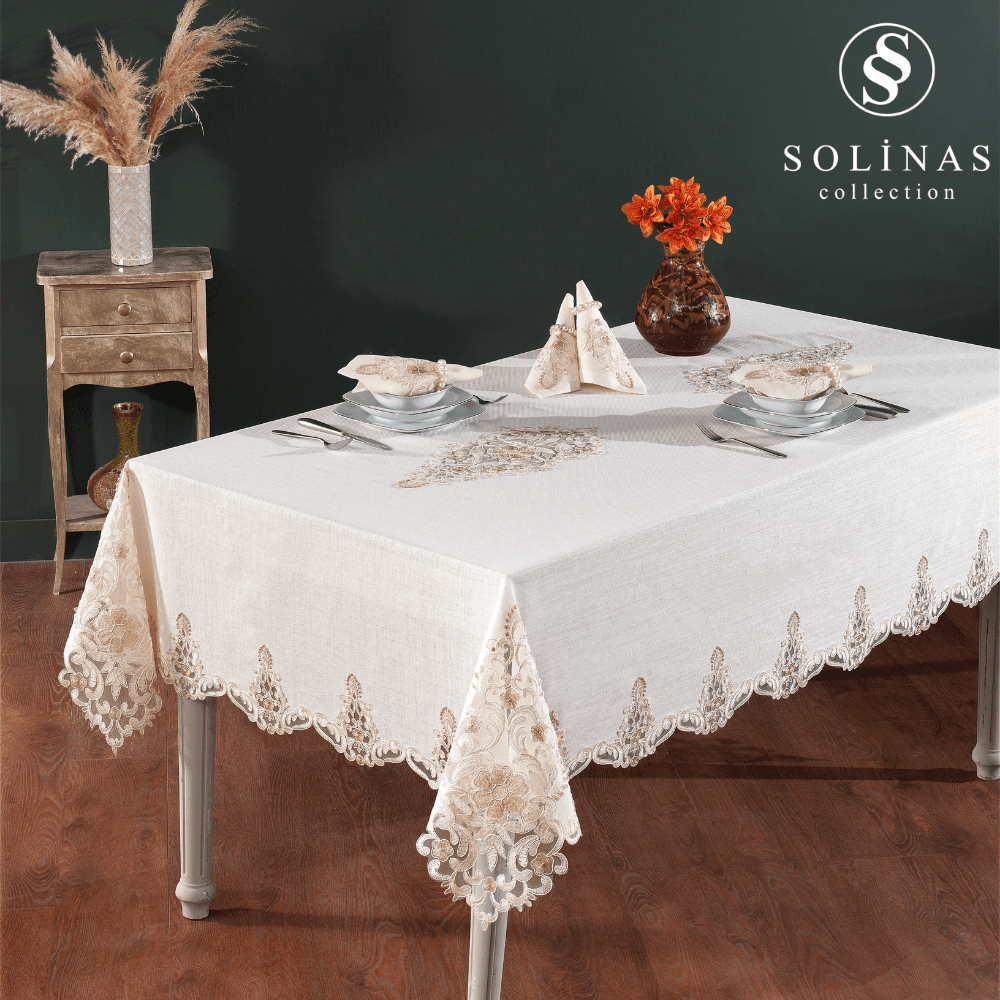 Solinas Collection Venora Krem Linen Kumaş Vizon Nakışlı 25 Parça Masa Örtüsü Seti
