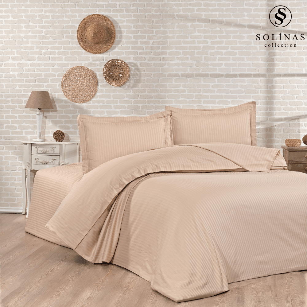 Solinas Collection Mirella Çizgili Vizon %100 Pamuk Saten Çift Kişilik Nevresim Takımı