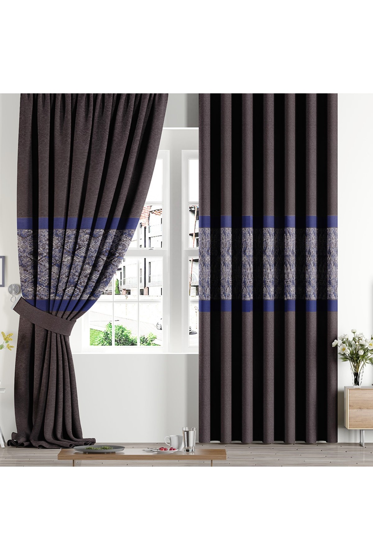 Gray - Navy Blue Panel 1x3 Closed Pleated Background Curtain