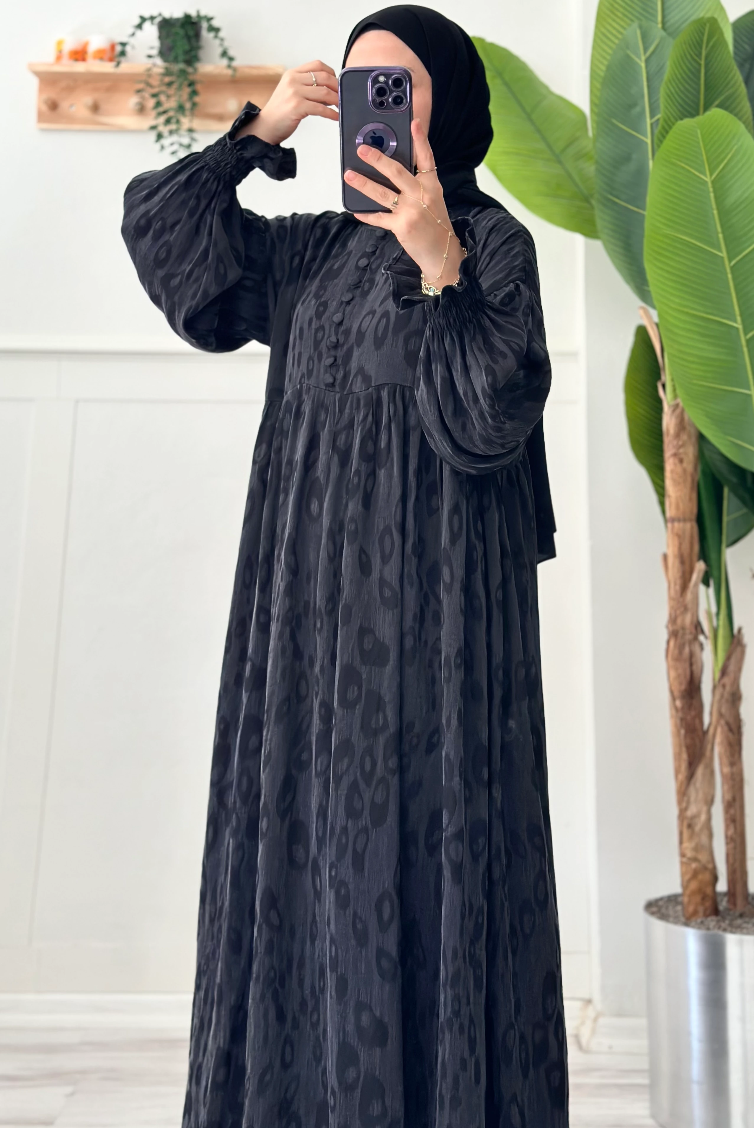 Desenli cupra elbise (siyah)