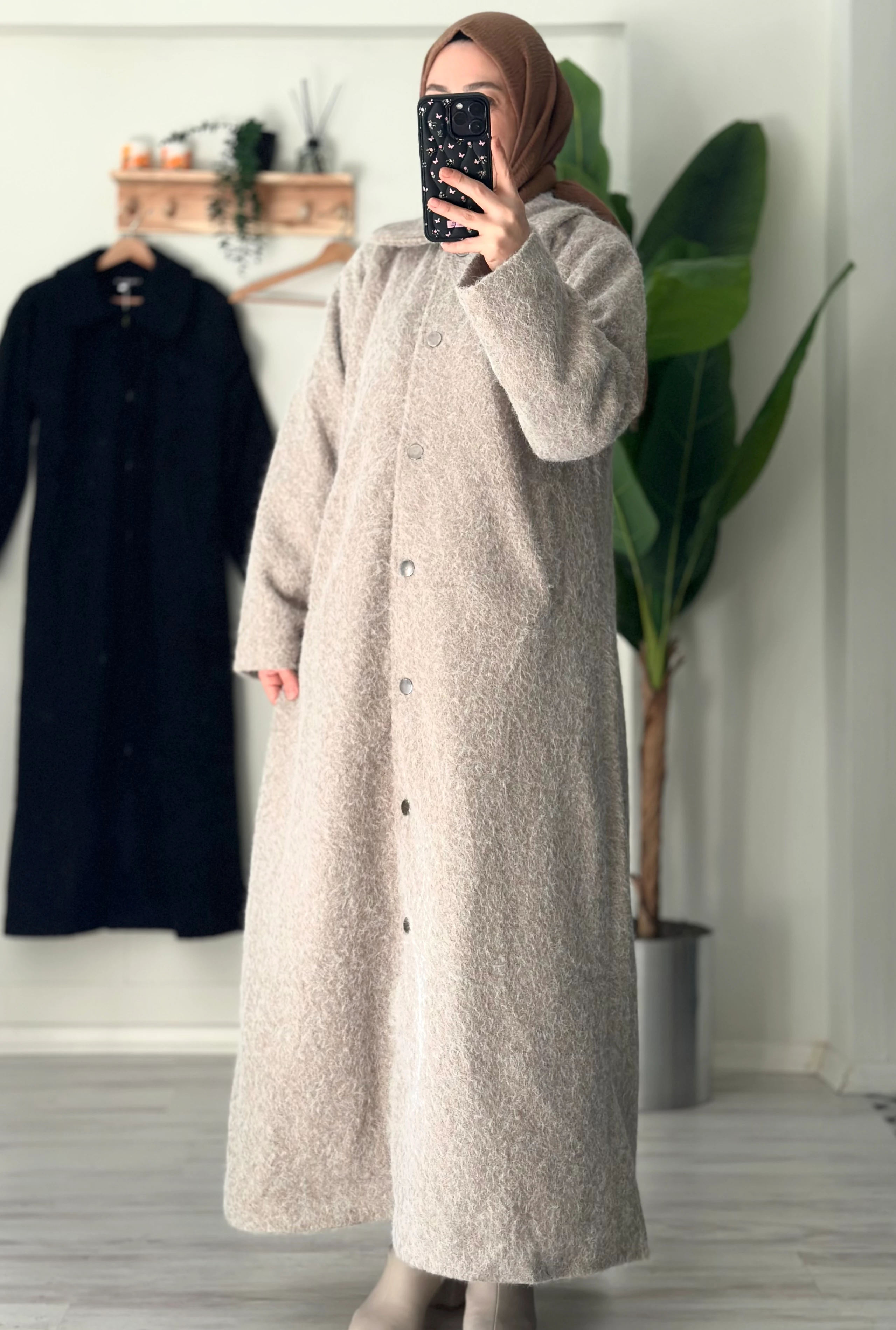 Yün kırçıllı üst kalite kaşe kaban (bej renk)