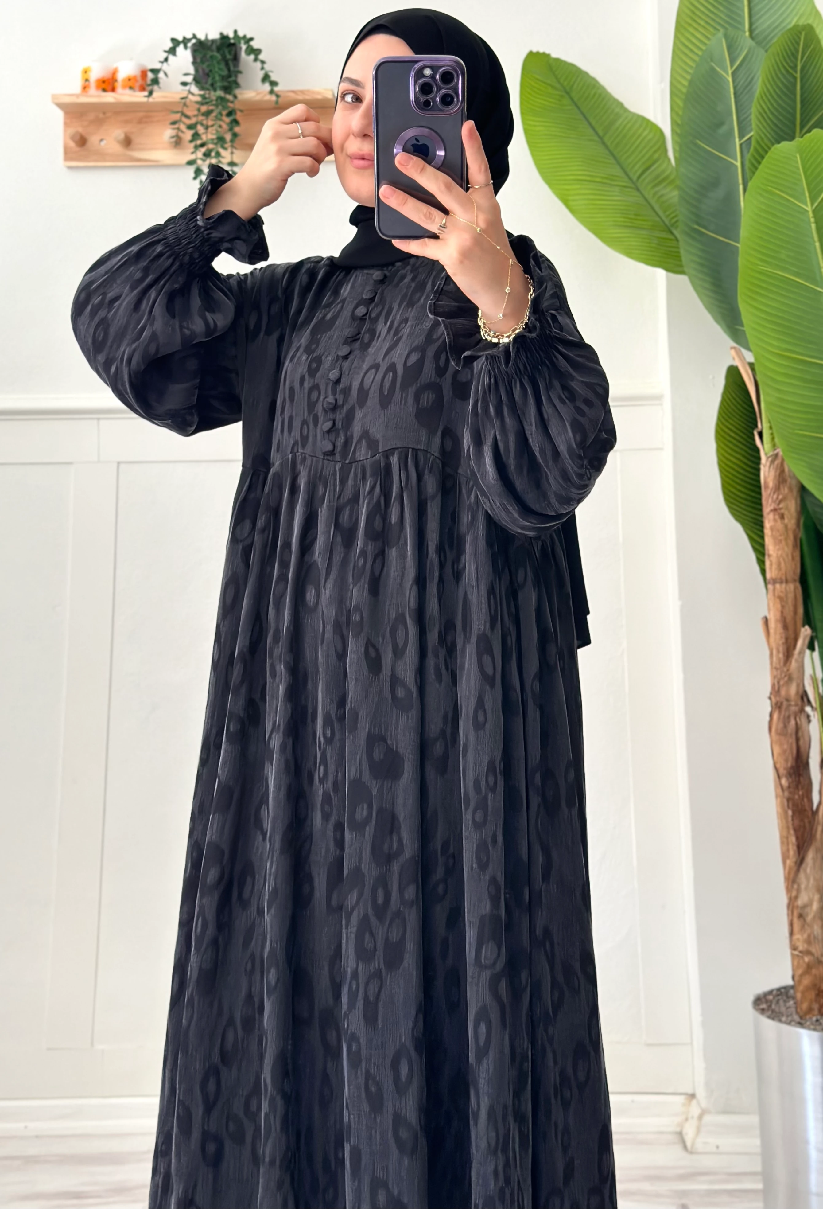 Desenli cupra elbise (siyah)