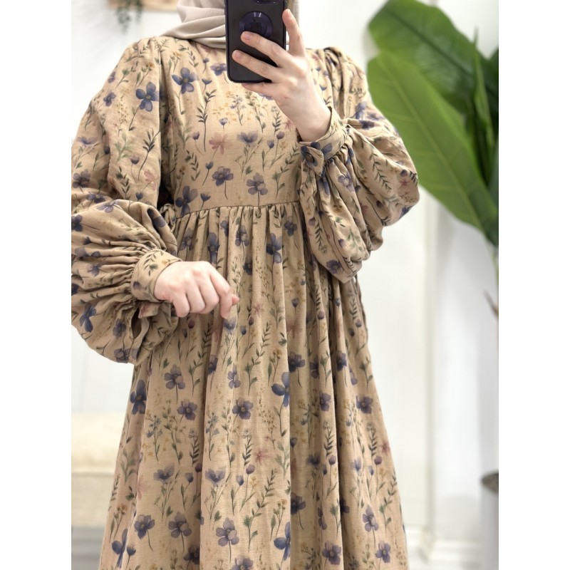 Bahar Müslin elbise (menekşe desen)