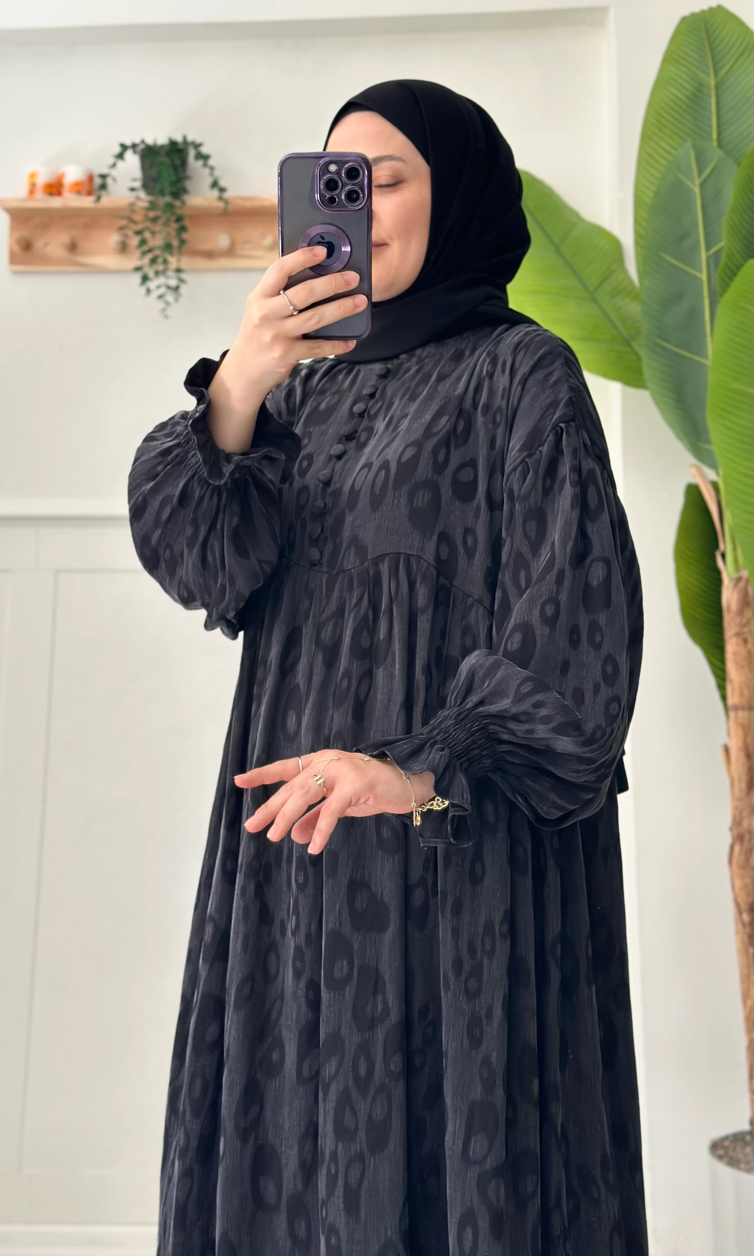 Desenli cupra elbise (siyah)