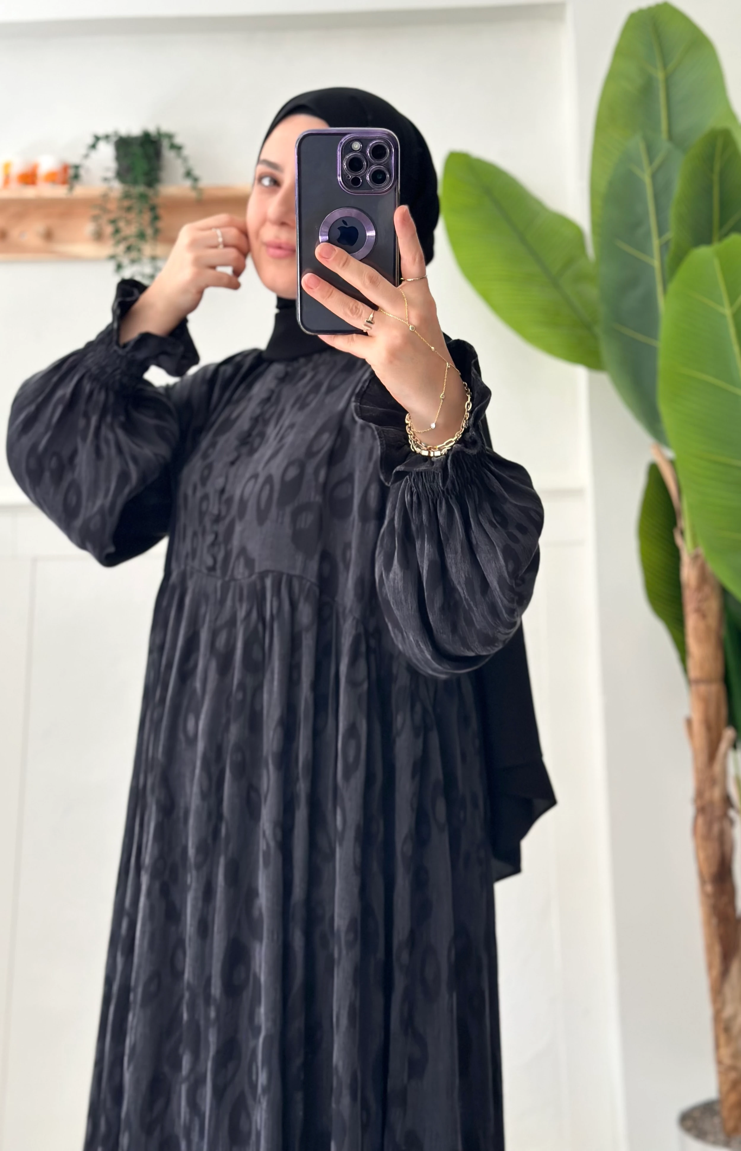 Desenli cupra elbise (siyah)