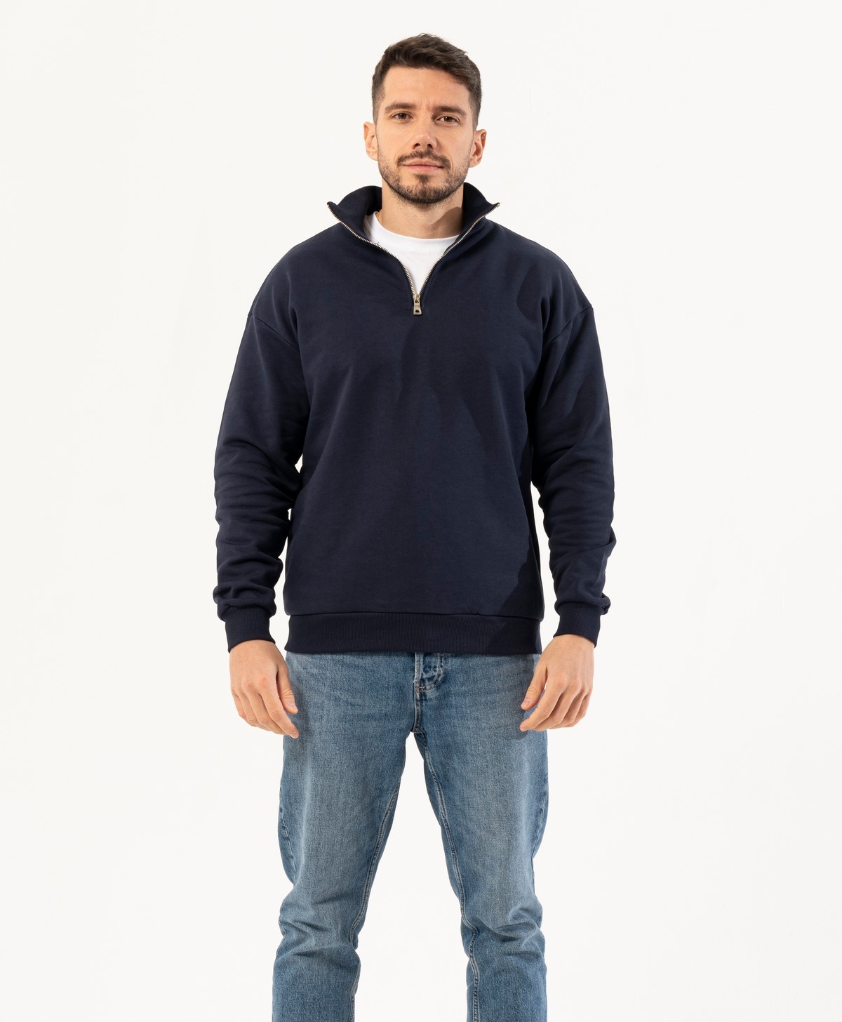 % 100 Pamuk Premium Quality / Üstün Kaliteli Dik Yaka Fermuarlı Sweatshirt - Lacivert