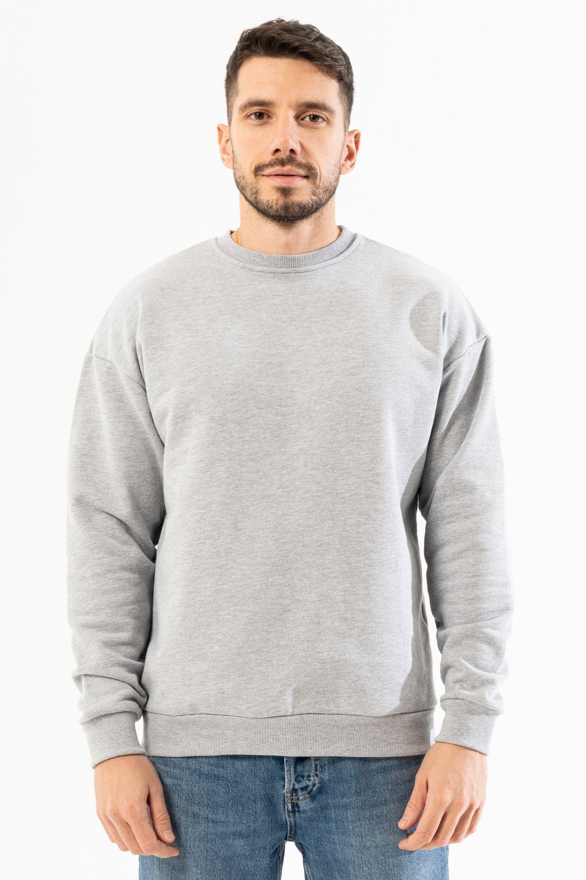 %100 Pamuk Premium Quality / Üstün Kalite Bisiklet Yaka Erkek Sweatshirt - Gri