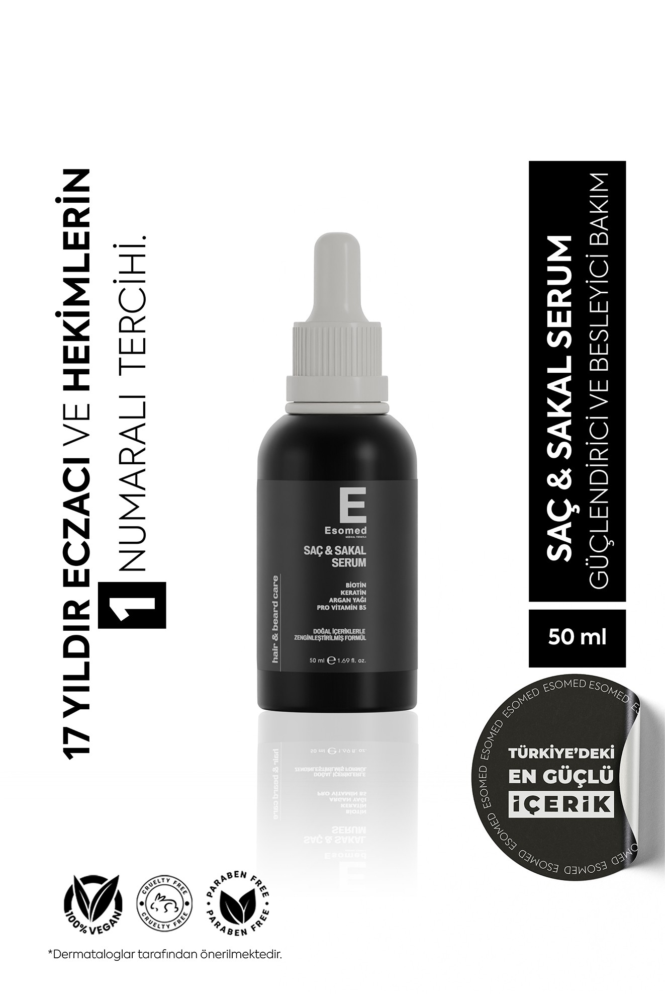 ESOMED Saç ve Sakal Serumu – Biotin + Keratin + Argan Yağı ile Güçlendirici ve Besleyici Bakım
