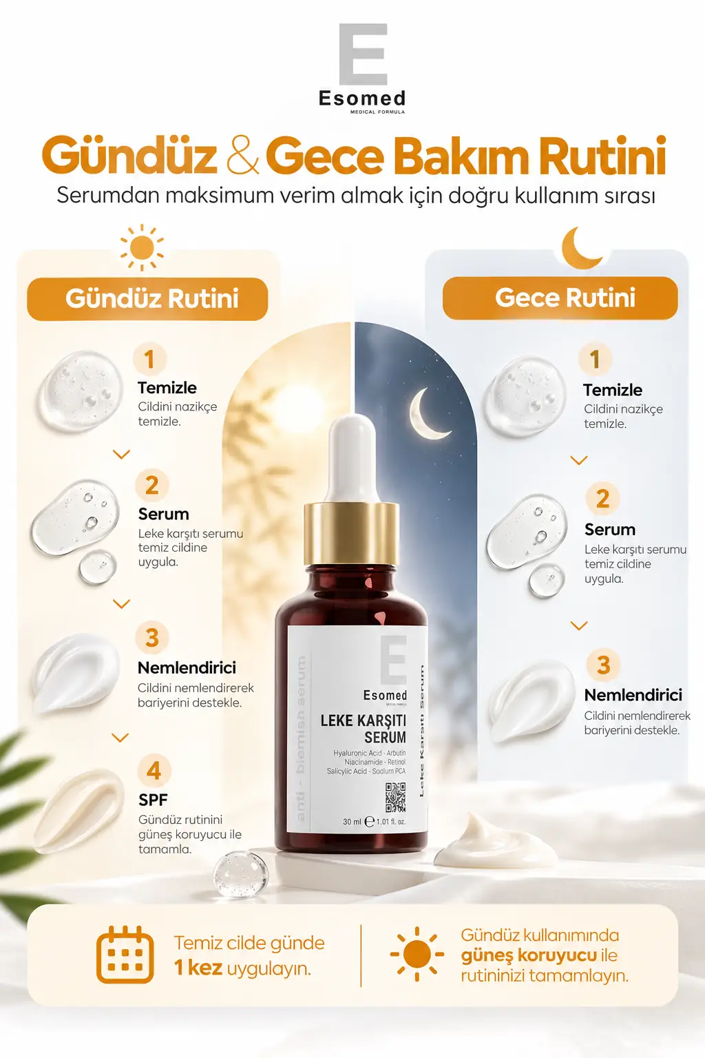 Esomed Leke Karşıtı Serum gündüz ve gece bakım rutini