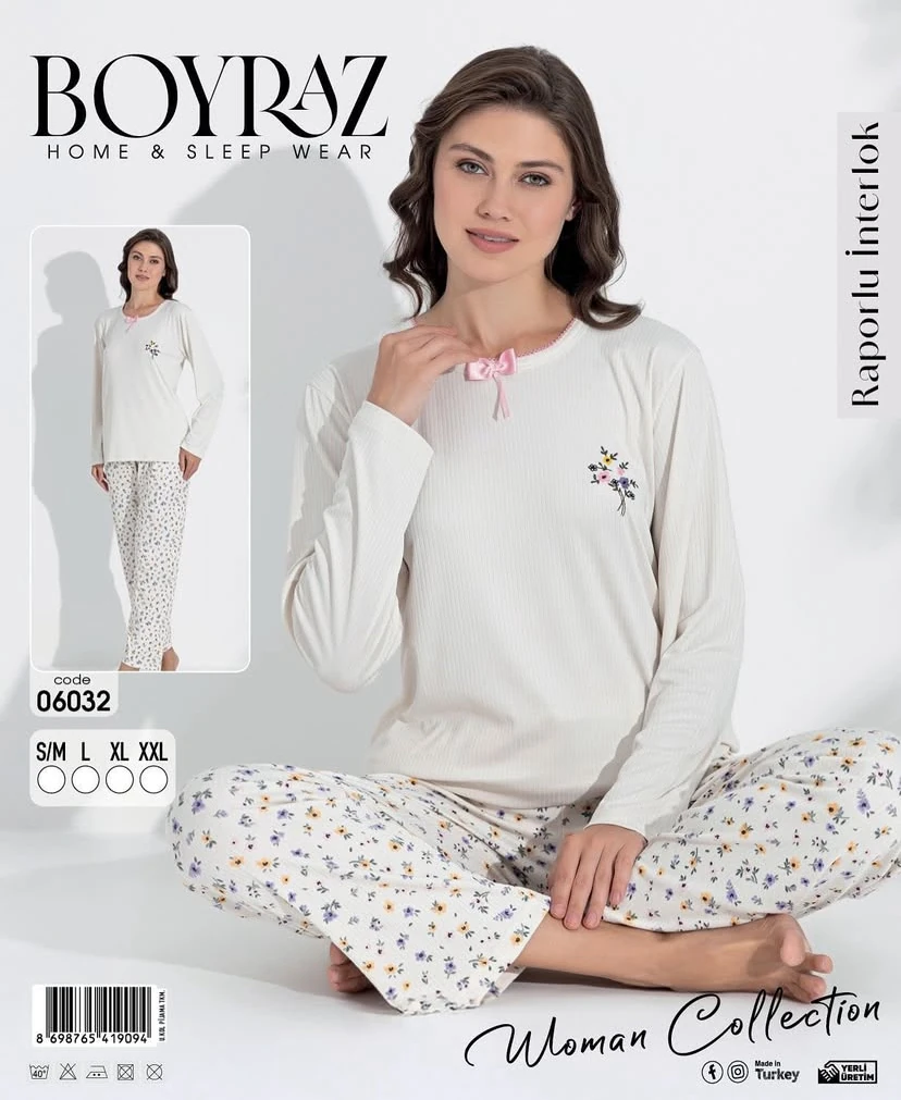 Boyraz İnterlok Kumaş Kadın Uzun Kol Pijama Takımı 06032