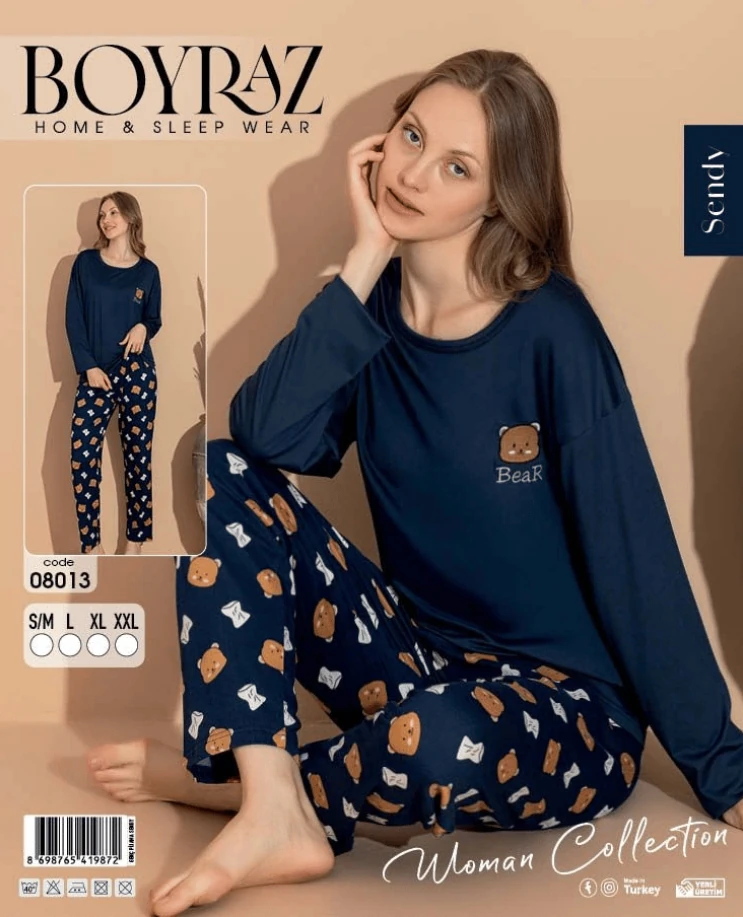 Boyraz Sendy Kumaş Kadın Uzun Kol Pijama Takımı 08013