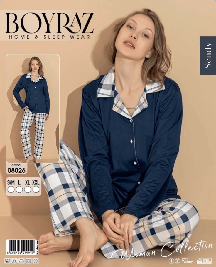 Boyraz Sendy Kumaş Kadın Düğmeli Uzun Kol Pijama Takımı 08026