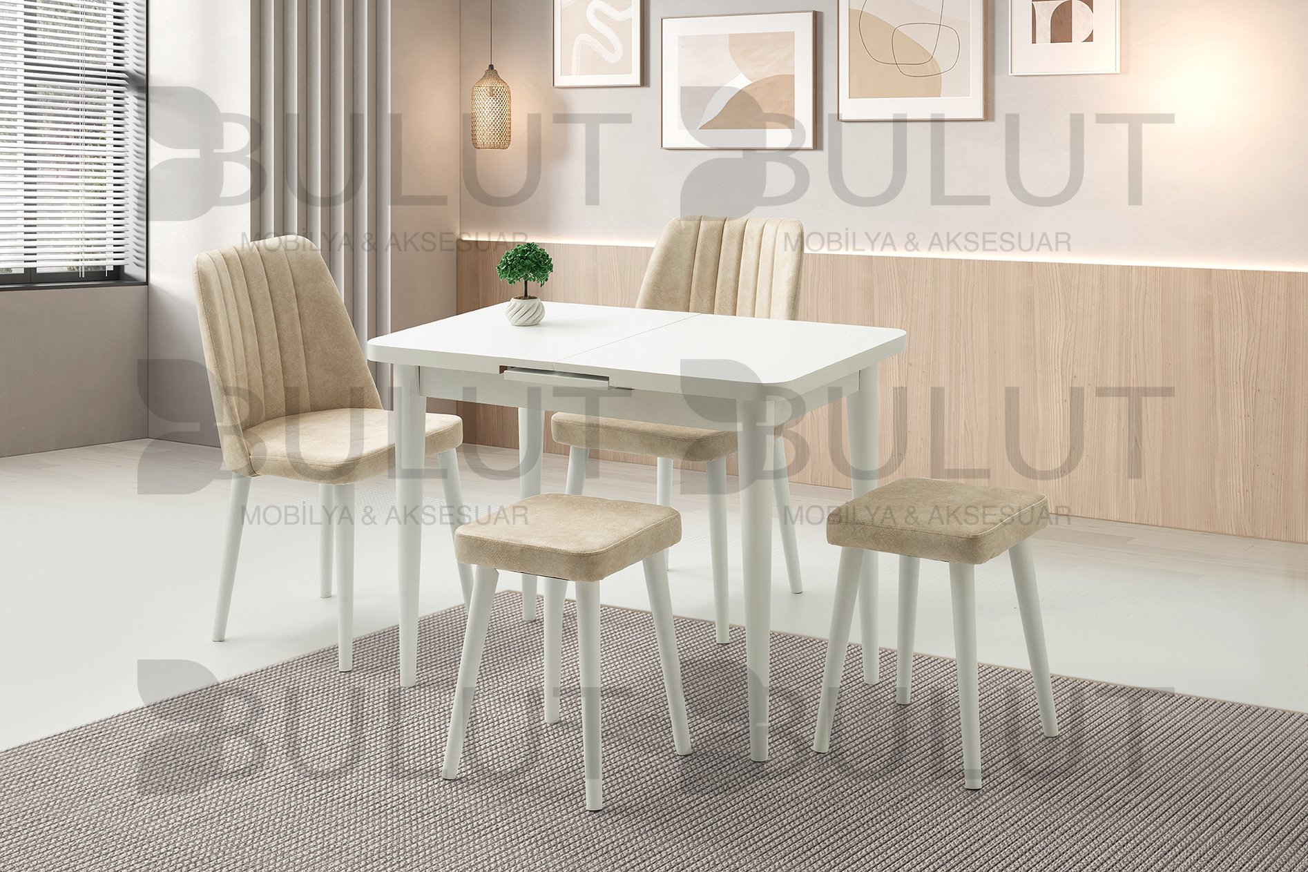 Otomati̇k Beyaz Masa + 2 Loft Sandalye + 2 Ahşap Tabure Takımı