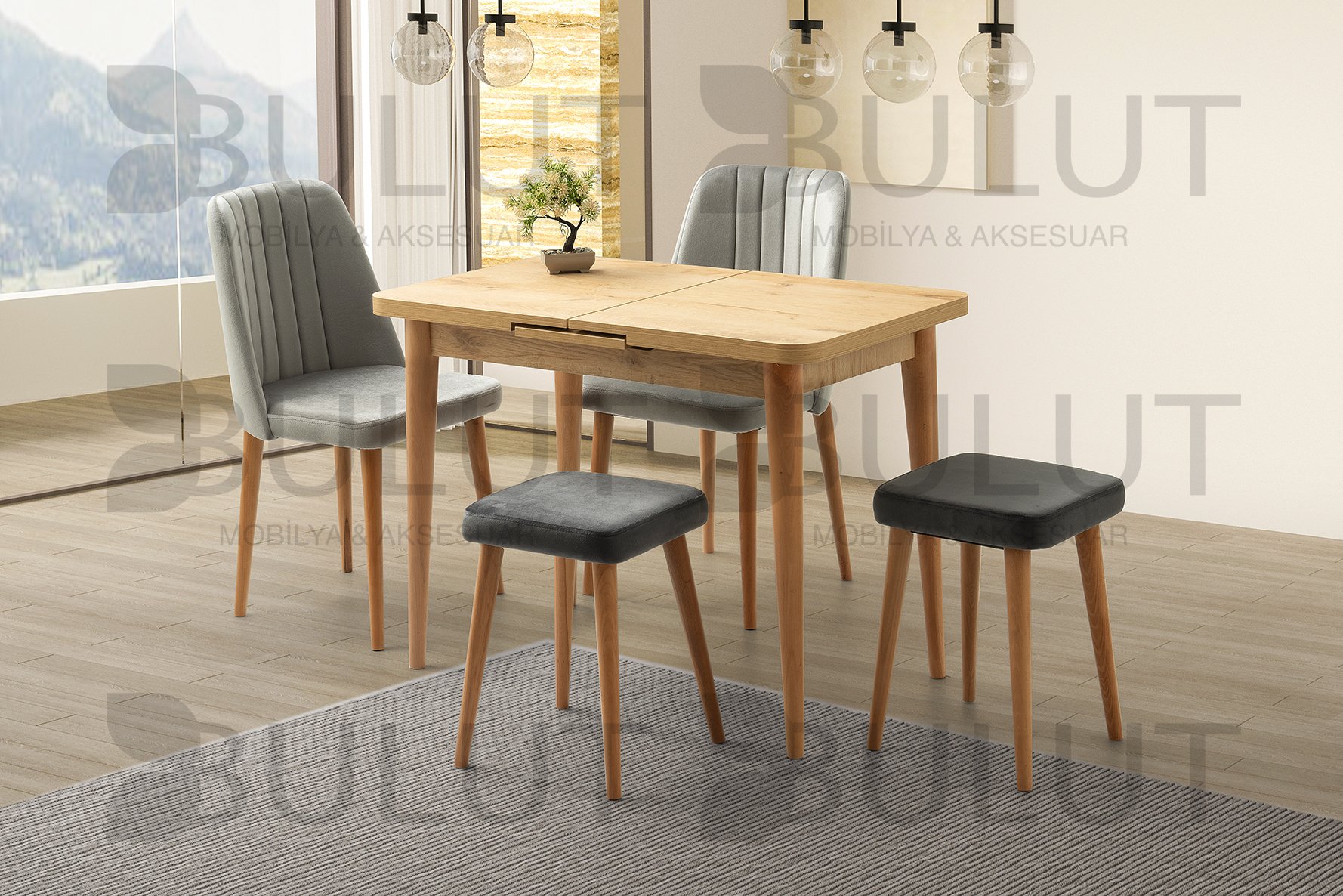 Otomati̇k Çam Masa + 2 Loft Sandalye + 2 Ahşap Tabure Takımı