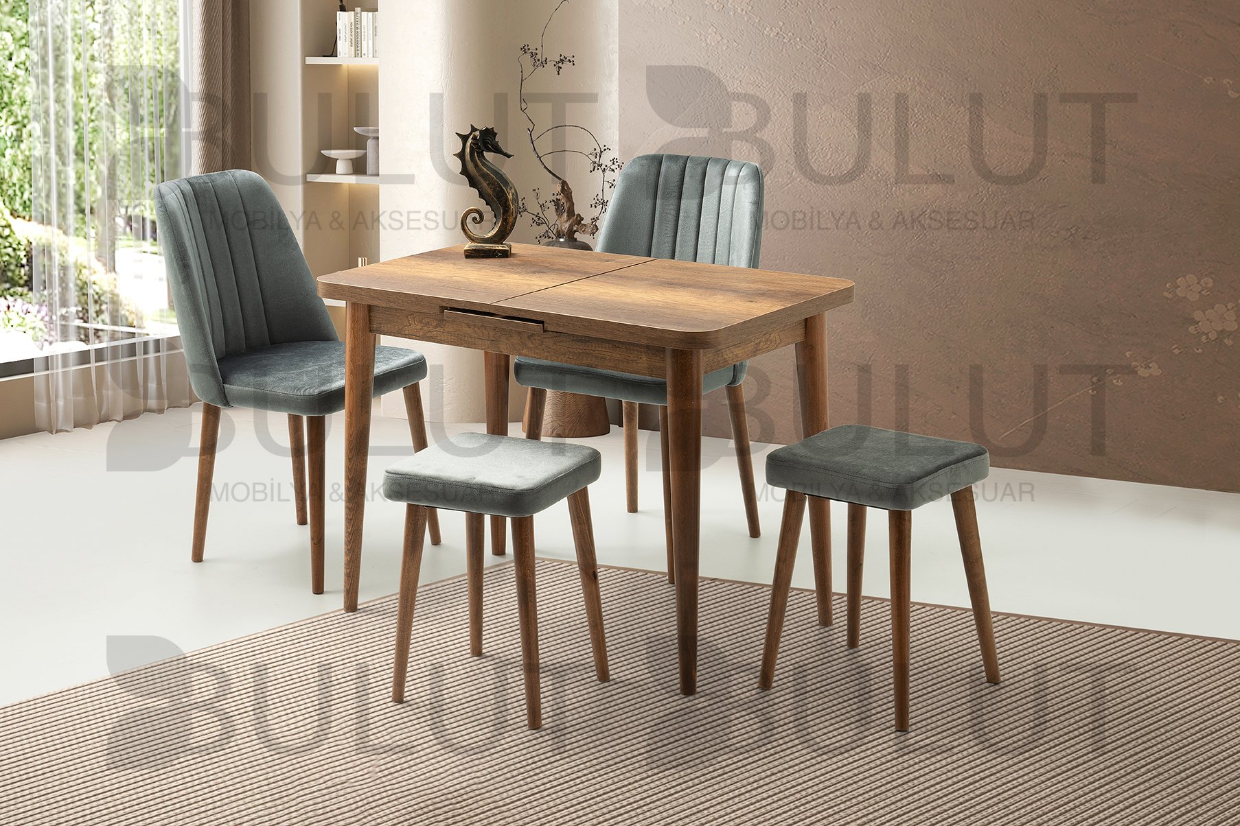 Otomati̇k Barok Masa + 2 Loft Sandalye + 2 Ahşap Tabure Takımı