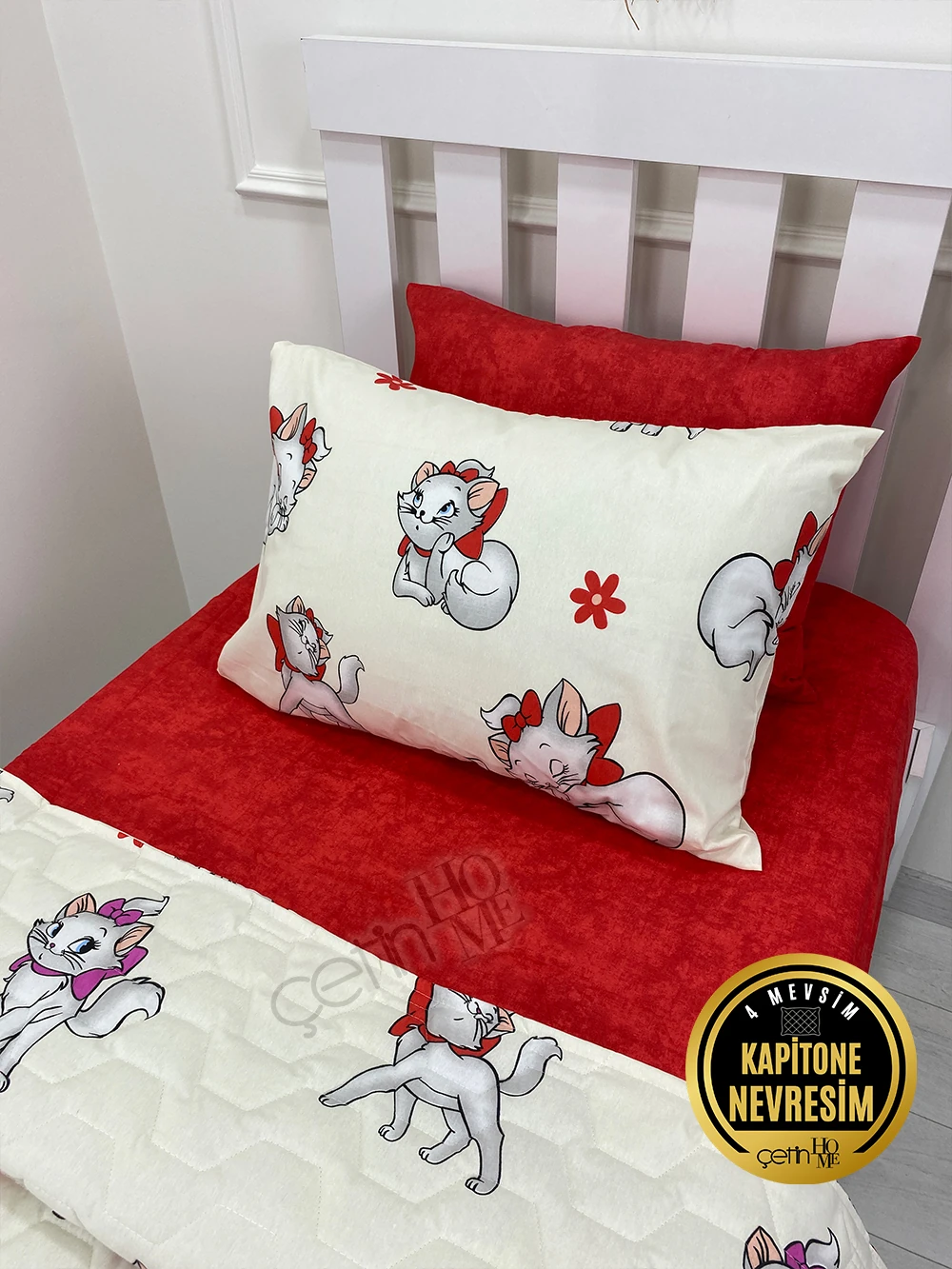 Çetinhome Tek Kişilik Çarşafı Lastikli Kapitone Pike Takımı 4 Mevsim Sevimli Kedi
