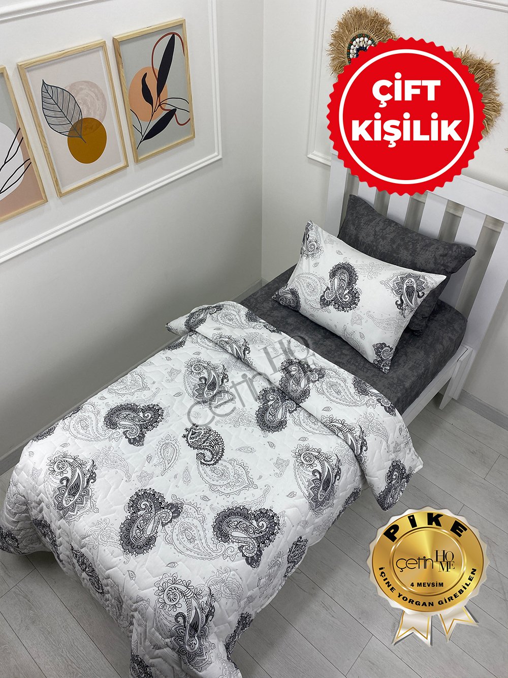 Çetinhome Çift Kişilik Çarşafı Lastikli Kapitone Pike Takımı 4 Mevsim Hint