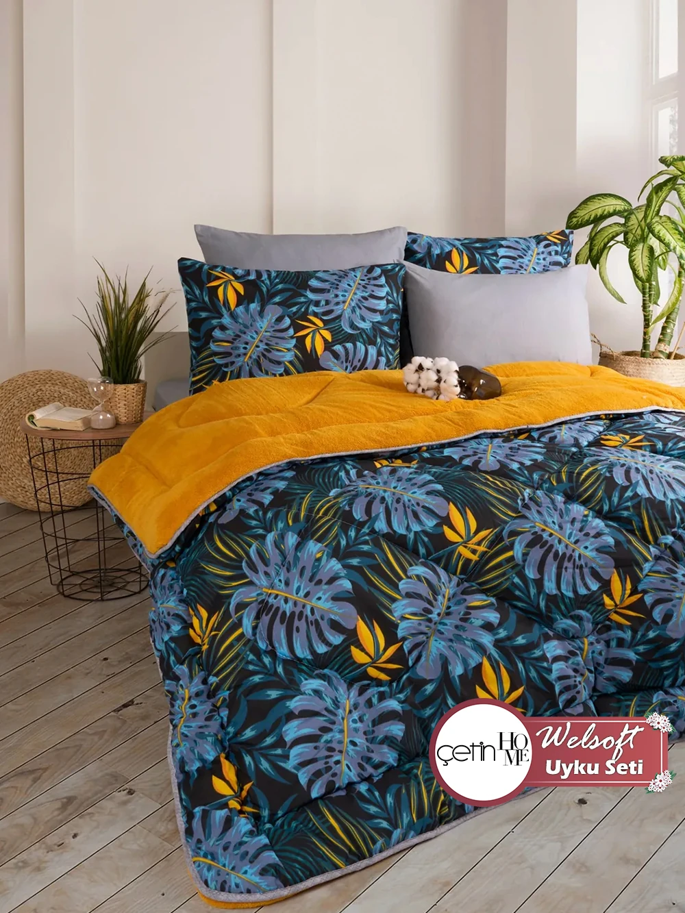 Çetinhome Çift Kişilik Çarşafı Lastikli Welsoft Uyku Seti - Monestera Hardal