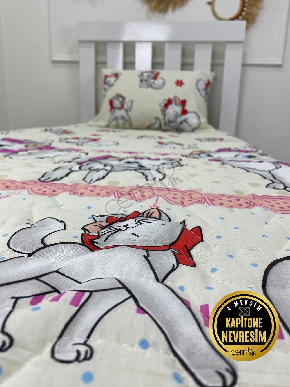 Çetinhome Tek Kişilik Kapitone Pike Seti 4 Mevsim Sevimli Kedi