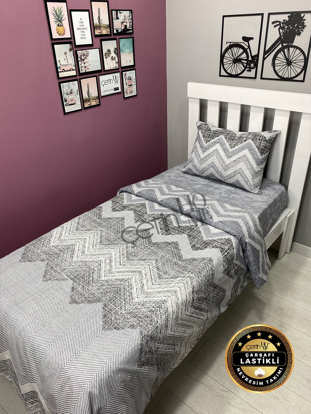 Çetinhome Çarşafı Lastikli Tek Kişilik Nevresim Takımı Zikzak Gri