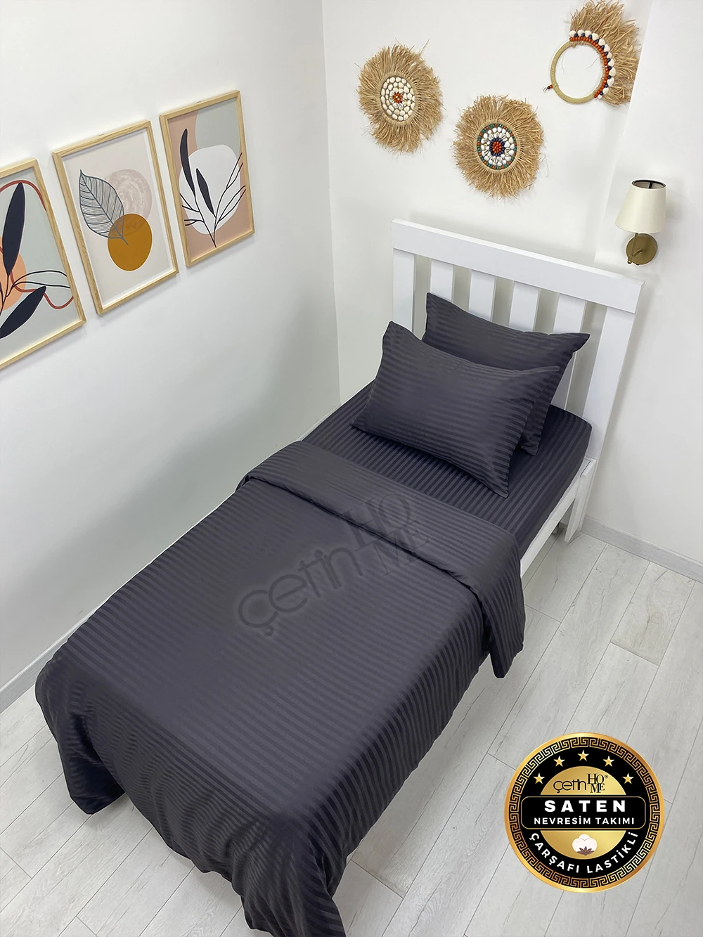 Çetinhome Tek Kişilik Çizgili Saten Nevresim Takımı - Çikolata