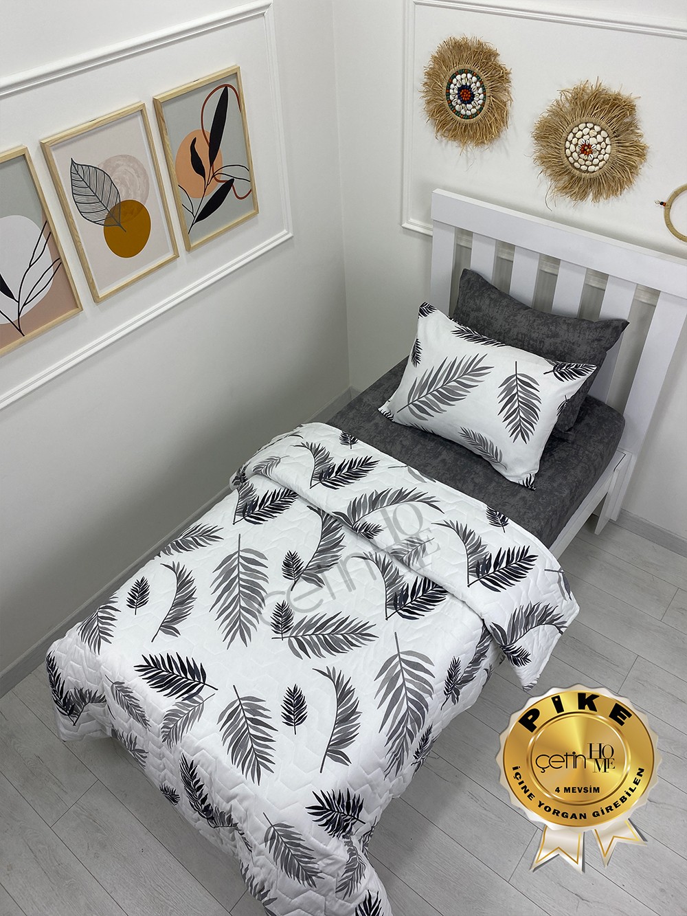 Çetinhome Tek Kişilik Çarşafı Lastikli Kapitone Pike Takımı 4 Mevsim Palm