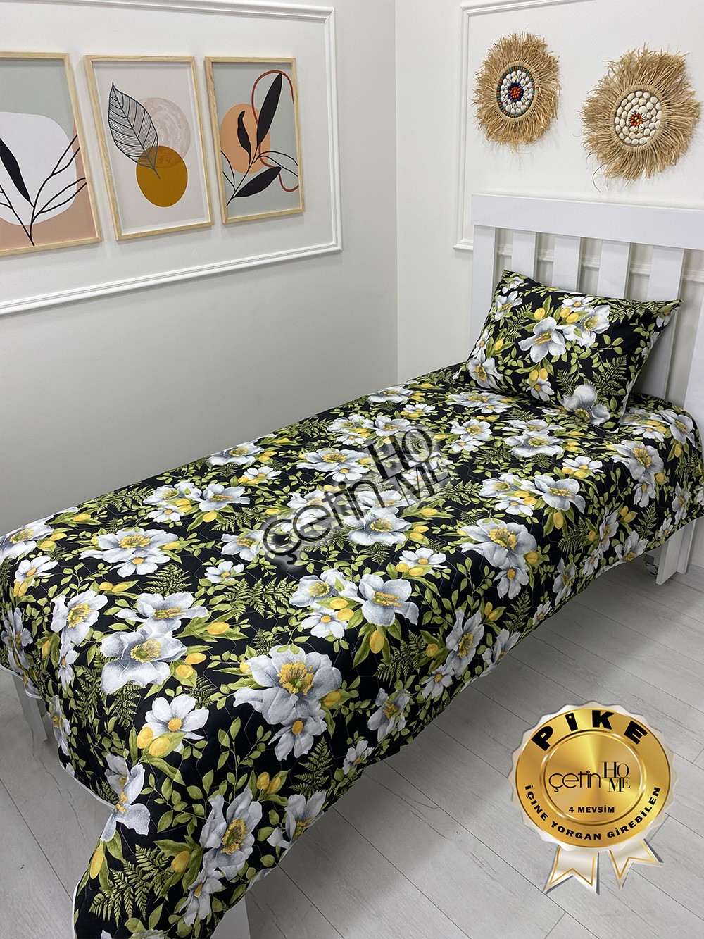 Çetinhome Tek Kişilik Kapitone Pike Seti 4 Mevsim Limon Çiçeği