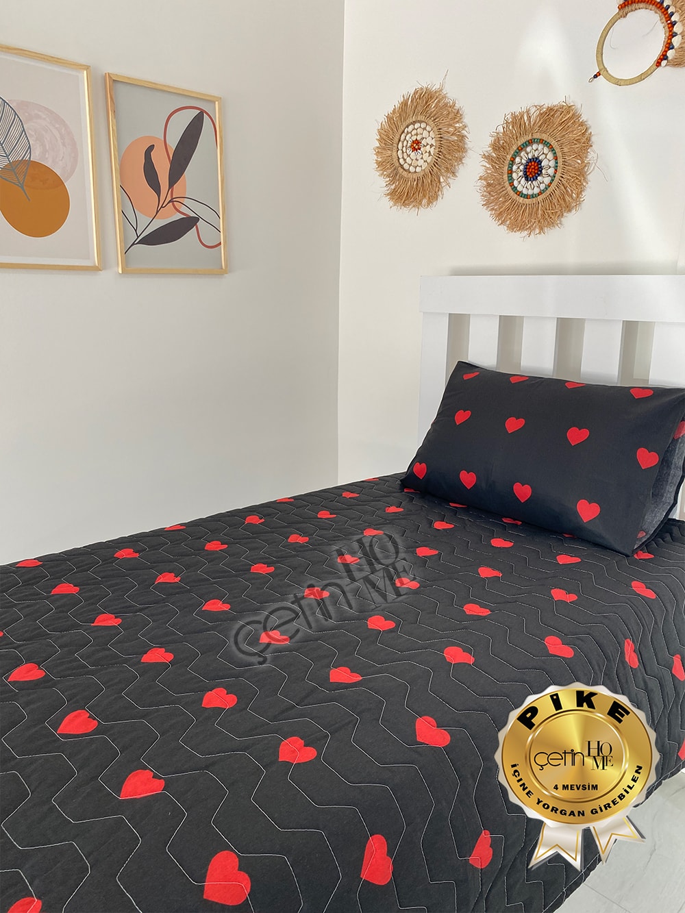 Çetinhome Tek Kişilik Kapitone Pike Seti 4 Mevsim Siyah Kalp