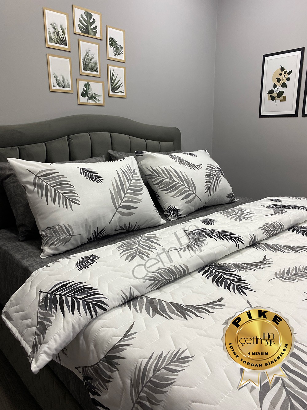 Çetinhome Çift Kişilik Çarşafı Lastikli Kapitone Pike Takımı 4 Mevsim Palm