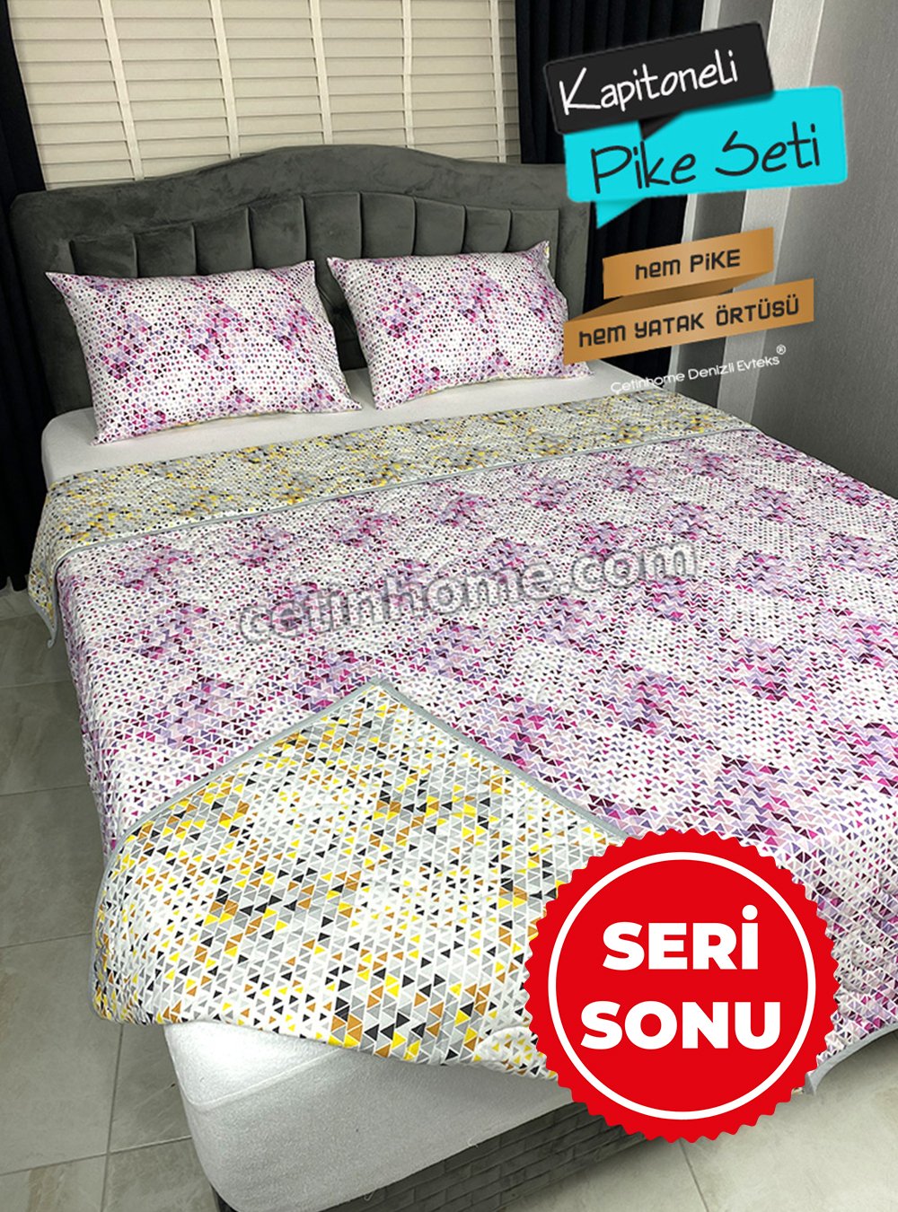 Outlet Çift Kişilik Yatak Örtüsü Kapitone Pike Seti Mozaik