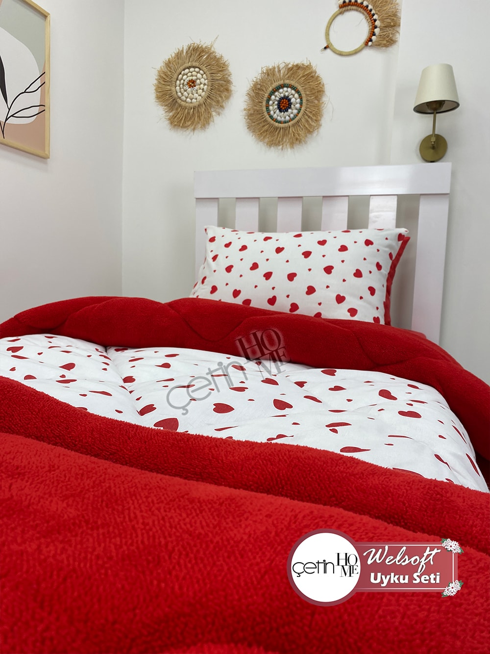 Çetinhome Tek Kişilik Çarşafı Lastikli Desenli Welsoft Yorgan Kalp Kırmızı