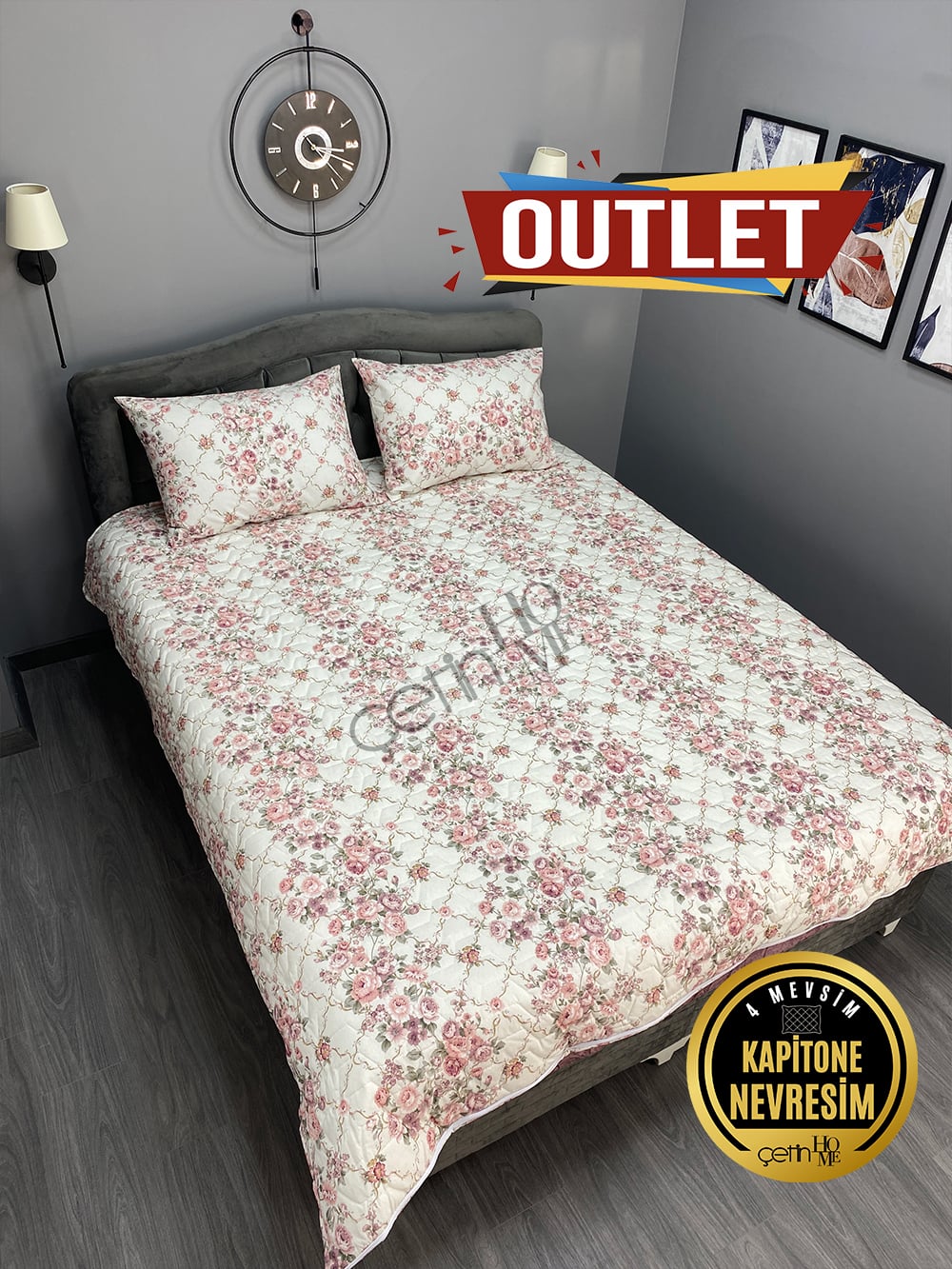 Outlet Çift Kişilik Kapitone Pike Seti 4 Mevsim Güz Gülleri