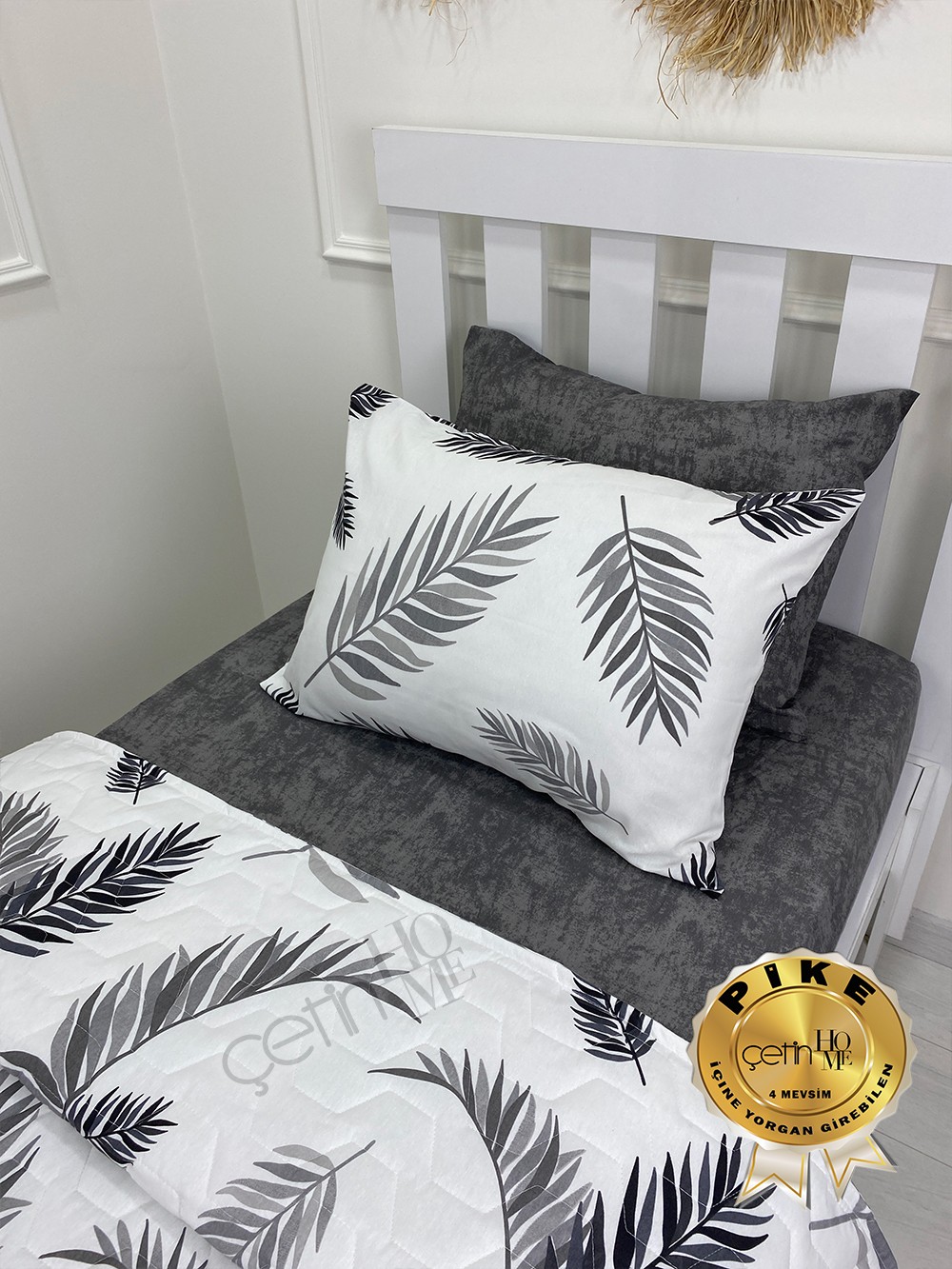 Çetinhome Tek Kişilik Çarşafı Lastikli Kapitone Pike Takımı 4 Mevsim Palm