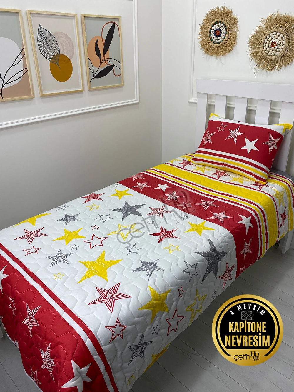 Çetinhome Tek Kişilik Kapitone Pike Seti 4 Mevsim Sarı Kırmızı