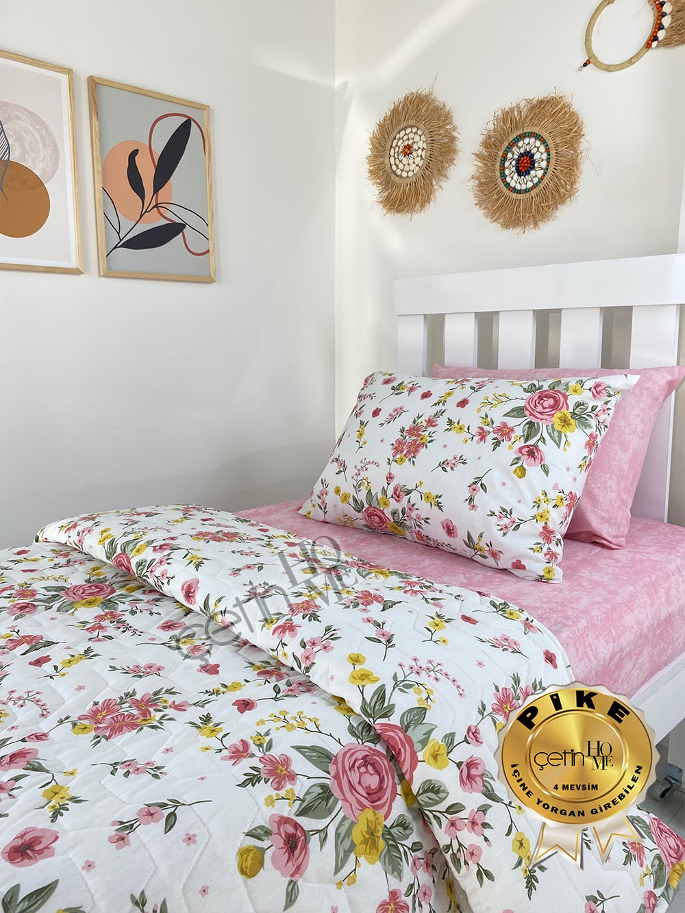 Çetinhome Tek Kişilik Çarşafı Lastikli Kapitone Pike Takımı 4 Mevsim Gülben