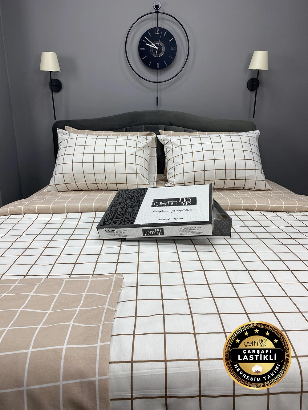 Çetinhome Çarşafı Lastikli Çift Kişilik Nevresim Takımı Kare Bej