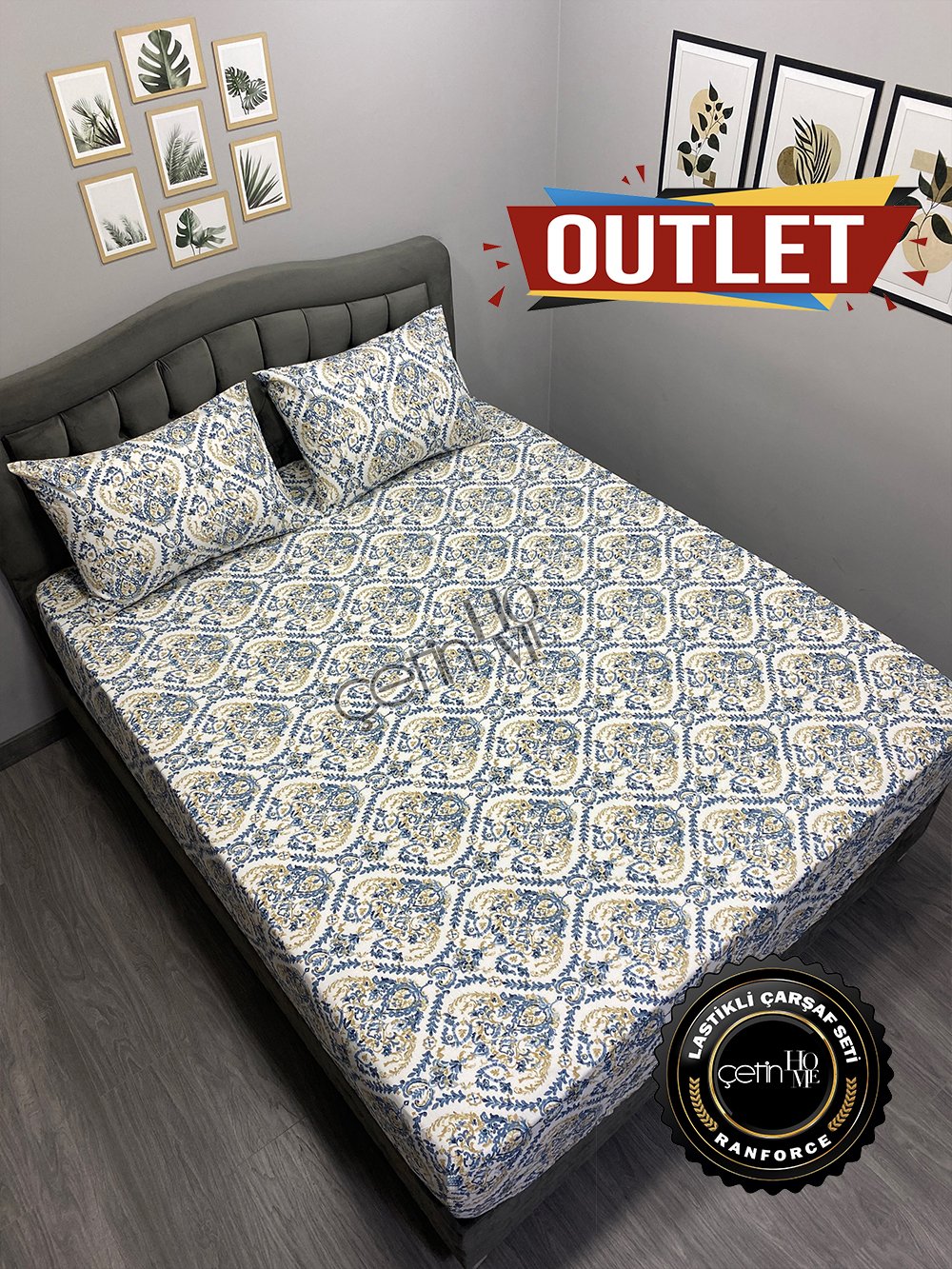 Outlet Kumaş Lastikli Çarşaf Seti Çift Kişilik Harem Mavi