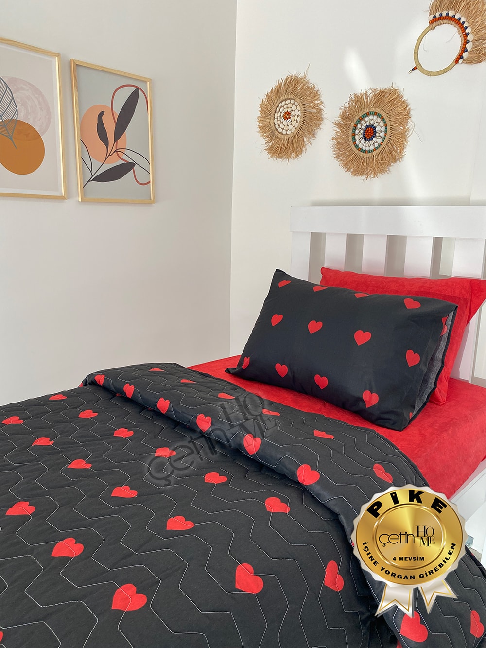 Çetinhome Tek Kişilik Çarşafı Lastikli Kapitone Pike Takımı 4 Mevsim Siyah Kalp