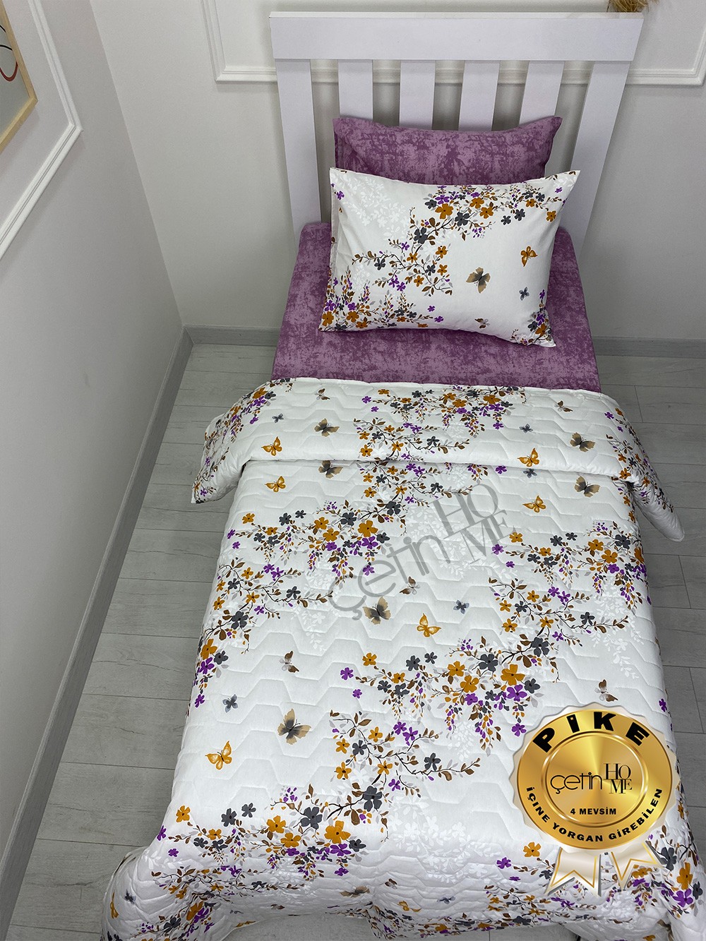 Çetinhome Tek Kişilik Çarşafı Lastikli Kapitone Pike Takımı 4 Mevsim Bahar Fuşya