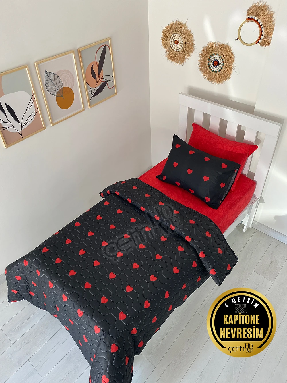 Çetinhome Tek Kişilik Çarşafı Lastikli Kapitone Pike Takımı 4 Mevsim Siyah Kalp