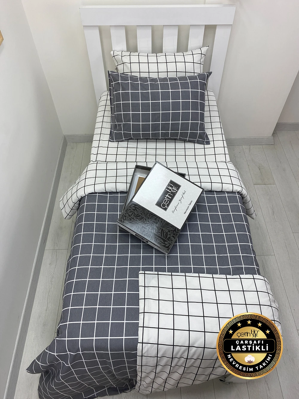 Çetinhome Çarşafı Lastikli Tek Kişilik Nevresim Takımı Kare Antrasit